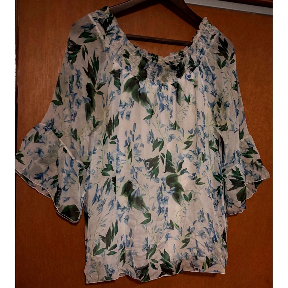 Angela Mara Italy Silk Floral Off Shoulder Smocked Bell Sleeve Blouse White/Blue